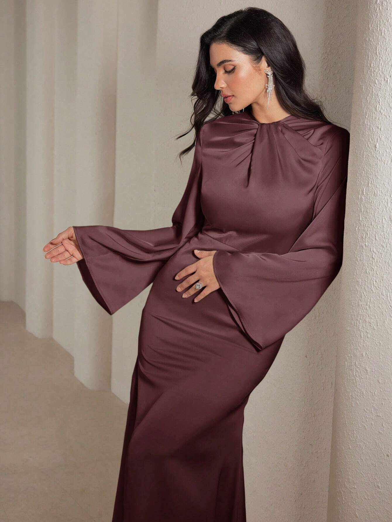 Women's Solid Round Neck Long Sleeve Casual Simple Arabian Style Modest Dress