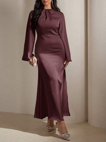 Women's Solid Round Neck Long Sleeve Casual Simple Arabian Style Modest Dress