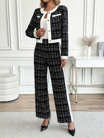 Clasi 2pcs Elegant Contrasting Trim Button-Front Shirt And Pants Set Women Pant Suit