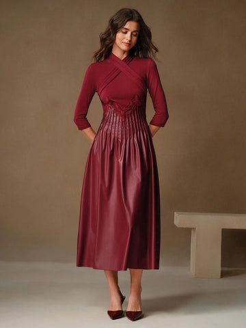 Anewsta Ladies' Summer Solid Color A-Line V-Neck Midi Elegant Dress
