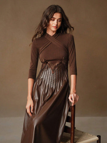 Anewsta Ladies' Summer Solid Color A-Line V-Neck Midi Elegant Dress