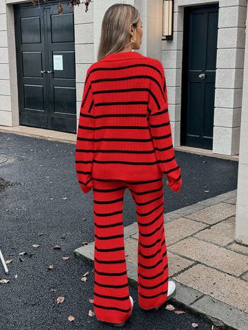 Relaxiva Women's Loose Striped V-Neck Drop Shoulder Long Sleeve Sweater & Elastic Waist Striped Sweatpants