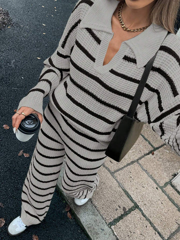 Relaxiva Women's Loose Striped V-Neck Drop Shoulder Long Sleeve Sweater & Elastic Waist Striped Sweatpants