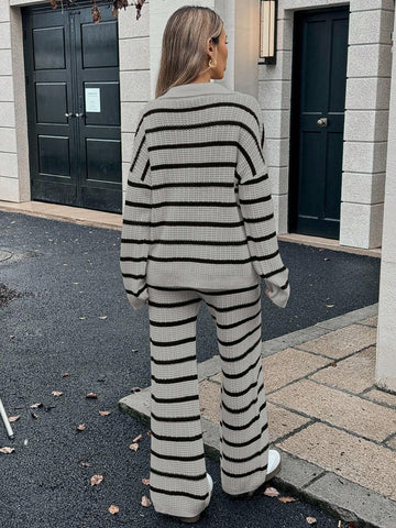 Relaxiva Women's Loose Striped V-Neck Drop Shoulder Long Sleeve Sweater & Elastic Waist Striped Sweatpants