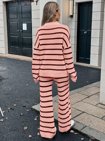 Relaxiva Women's Loose Striped V-Neck Drop Shoulder Long Sleeve Sweater & Elastic Waist Striped Sweatpants