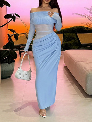 Women's Solid Color Off-Shoulder Mesh Hollow-Out Long Sexy Bodycon Dress