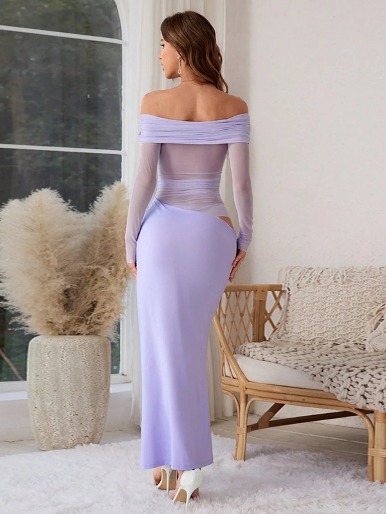 Women's Solid Color Off-Shoulder Mesh Hollow-Out Long Sexy Bodycon Dress