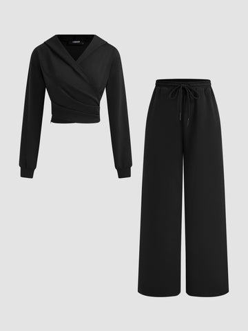 Cotton-blend Solid Ruched Hoodie & Mid Rise Elastic Waist Knotted Straight Leg Trousers Set