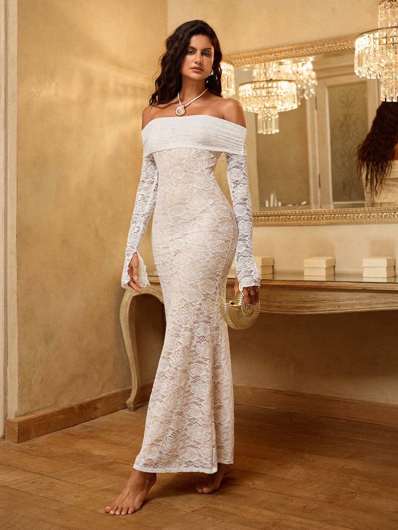 Elegant1pc Women's Solid Color Lace Off Shoulder Long Sleeve Dress