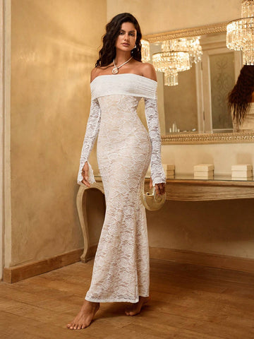 Elegant1pc Women's Solid Color Lace Off Shoulder Long Sleeve Dress