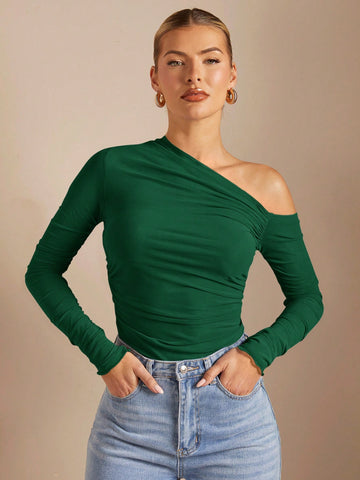 BAE Women's Asymmetrical Collar Ruched Perspective Tight T-Shirt