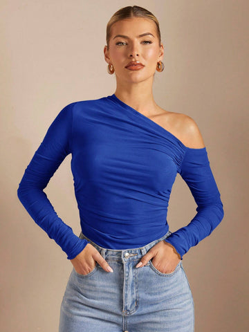 BAE Women's Asymmetrical Collar Ruched Perspective Tight T-Shirt