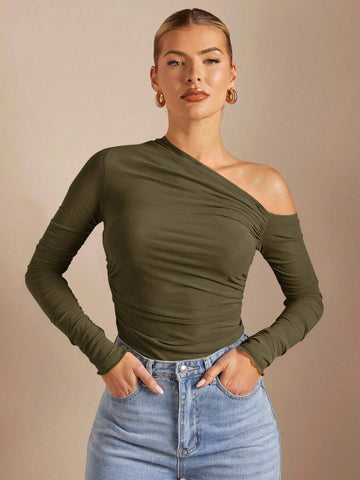 BAE Women's Asymmetrical Collar Ruched Perspective Tight T-Shirt