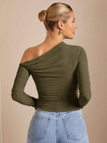 BAE Women's Asymmetrical Collar Ruched Perspective Tight T-Shirt