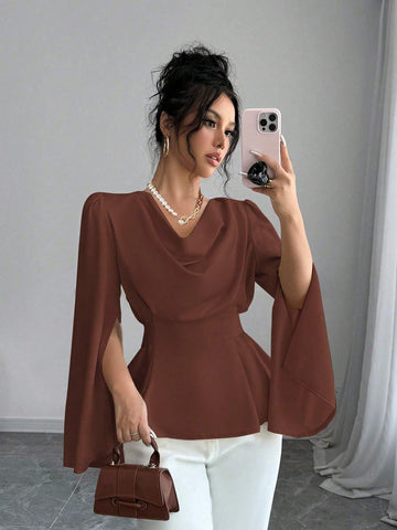 Elenzga Women's Solid Color Lapel Split Long Sleeve Elegant Blouse