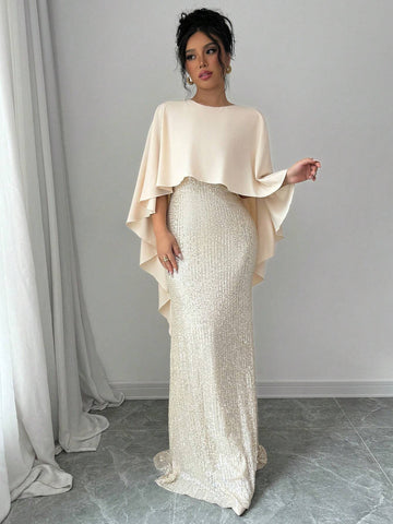 Elenzga Elegant & Romantic Women's Sequin Panel Mermaid Hem Color Block Dress