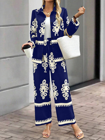 Clasi 2pcs Women's Random Print Front Button Long Sleeve Top And Pants