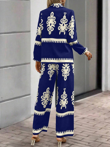 Clasi 2pcs Women's Random Print Front Button Long Sleeve Top And Pants
