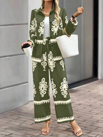 Clasi 2pcs Women's Random Print Front Button Long Sleeve Top And Pants
