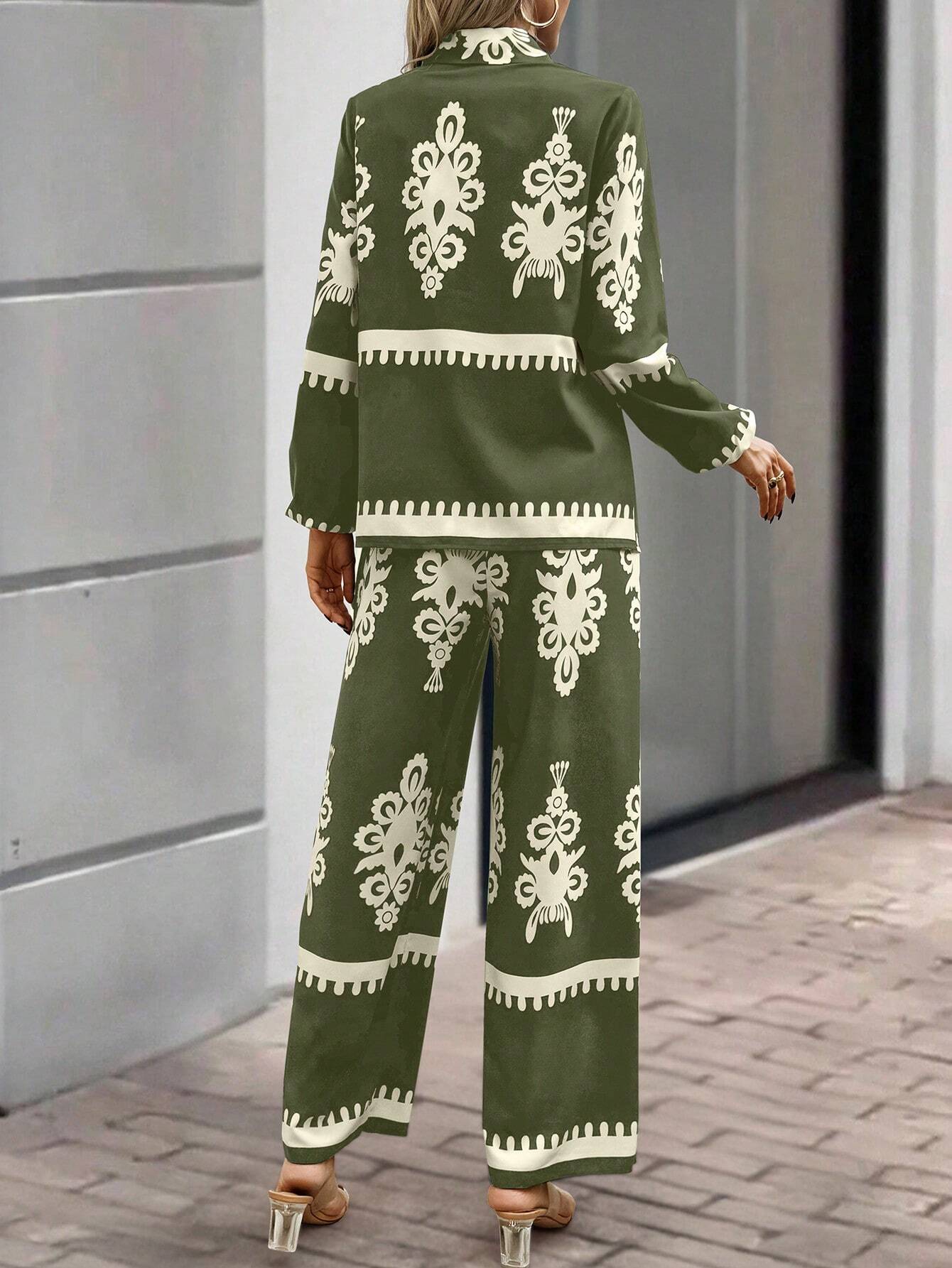 Clasi 2pcs Women's Random Print Front Button Long Sleeve Top And Pants