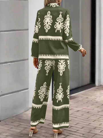Clasi 2pcs Women's Random Print Front Button Long Sleeve Top And Pants