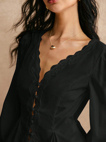 Poéselle Cotton Elegant Lace Trimmed Waist Button Detail Shirt