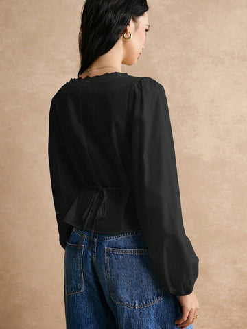 Poéselle Cotton Elegant Lace Trimmed Waist Button Detail Shirt