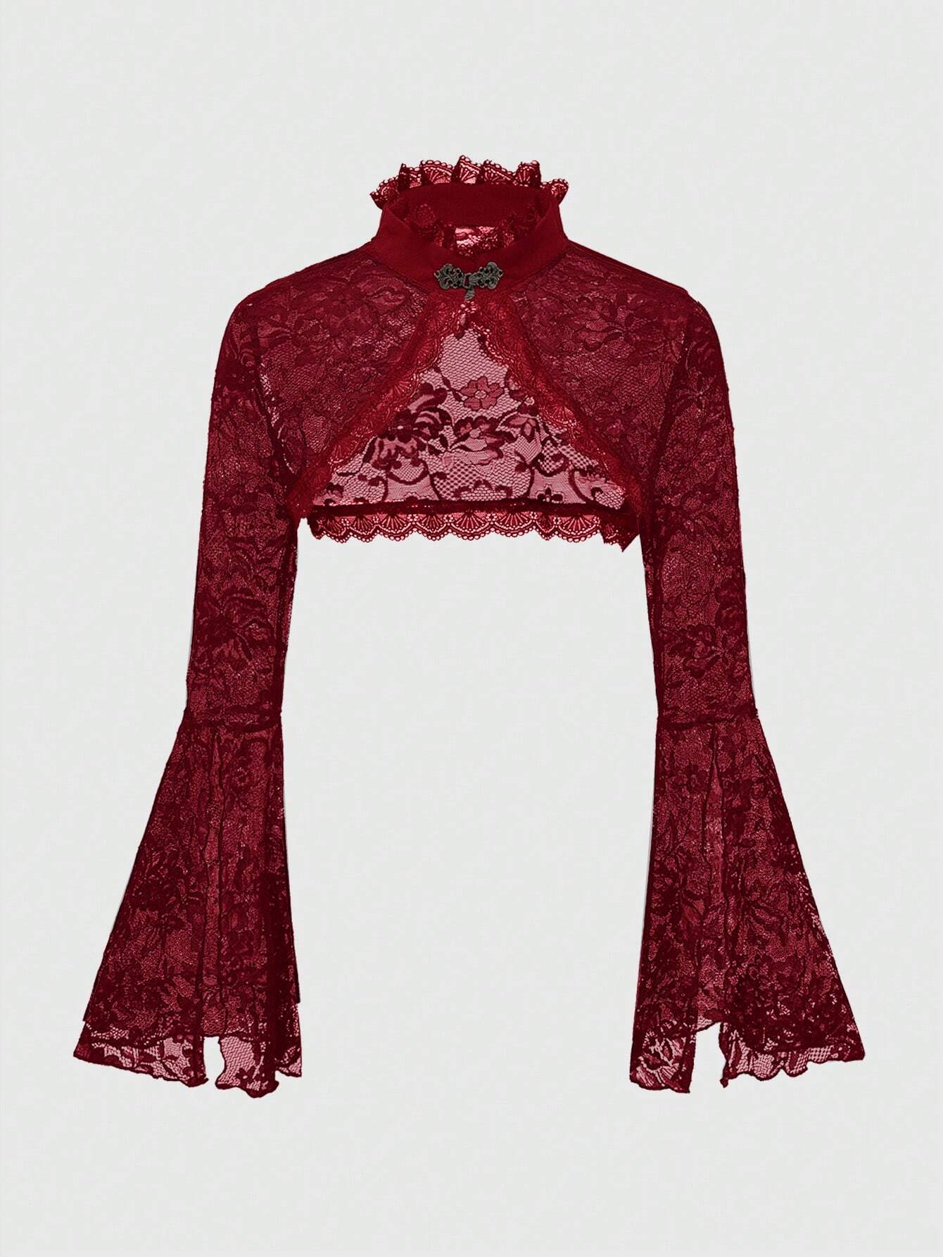ROMWE Goth Gothic Style Open Front Frill Flare Sleeve Lace Trim Cardigan