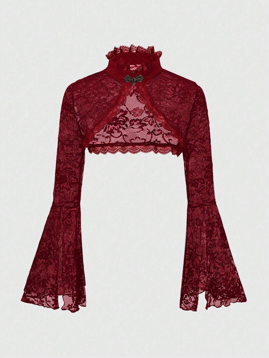 ROMWE Goth Gothic Style Open Front Frill Flare Sleeve Lace Trim Cardigan