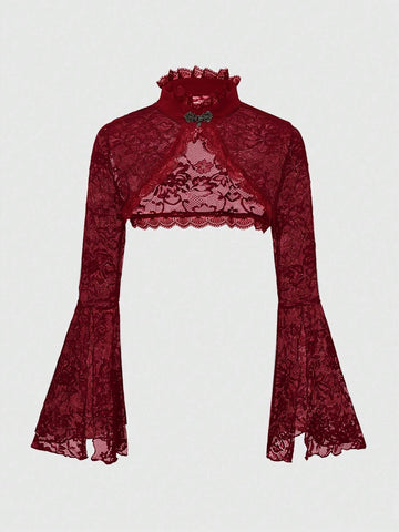 ROMWE Goth Gothic Style Open Front Frill Flare Sleeve Lace Trim Cardigan
