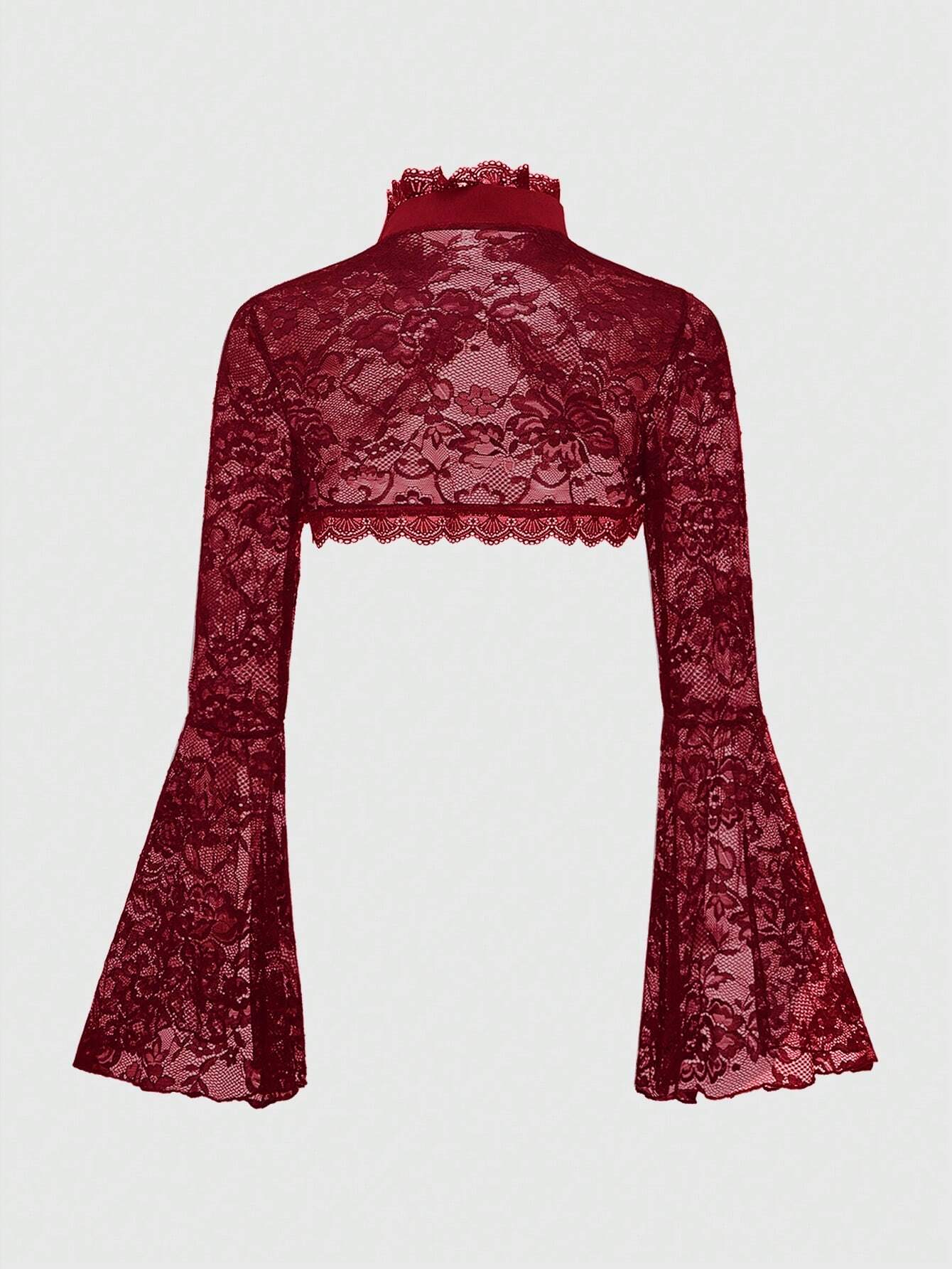 ROMWE Goth Gothic Style Open Front Frill Flare Sleeve Lace Trim Cardigan