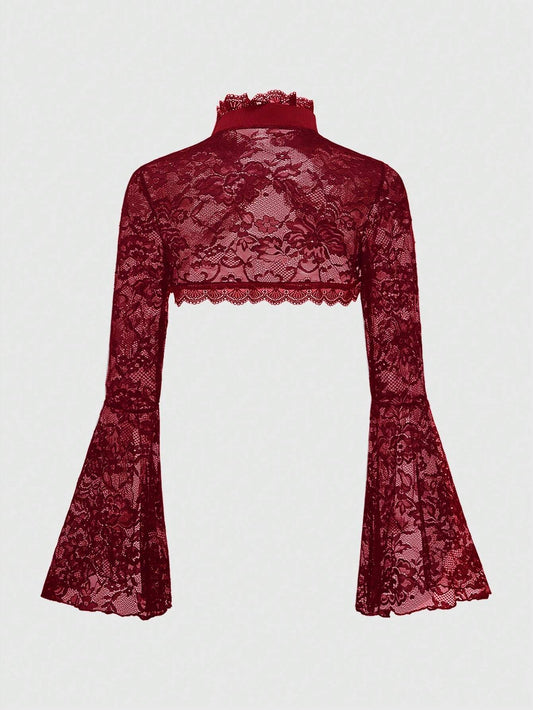 ROMWE Goth Gothic Style Open Front Frill Flare Sleeve Lace Trim Cardigan