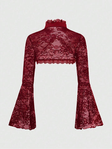 ROMWE Goth Gothic Style Open Front Frill Flare Sleeve Lace Trim Cardigan