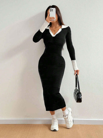 MOOSTA Women's Colorblock Collar Long Sleeve Fitted Elegant Knitted Sweater Dress