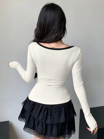 DAZY 1pc Women Autumn New Color Block Bow Decor Fitted T-Shirt
