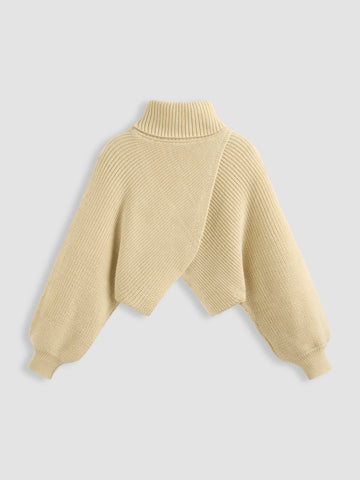 High Neck Solid Knitted Long Sleeve Crop Sweater