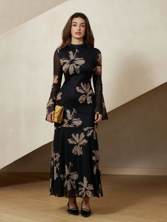 Aveloria Rosie Elegant French Style Floral Print Black Bodycon Dress With Flared Sleeves And Mesh Details