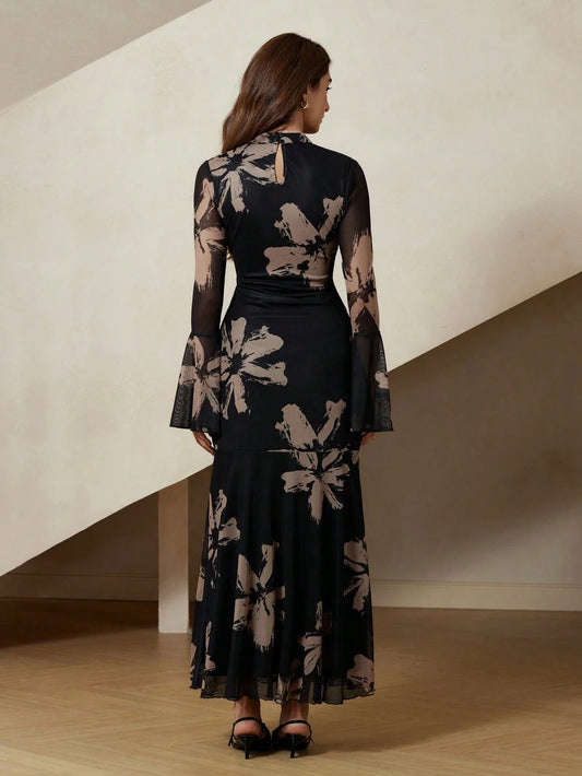 Aveloria Rosie Elegant French Style Floral Print Black Bodycon Dress With Flared Sleeves And Mesh Details