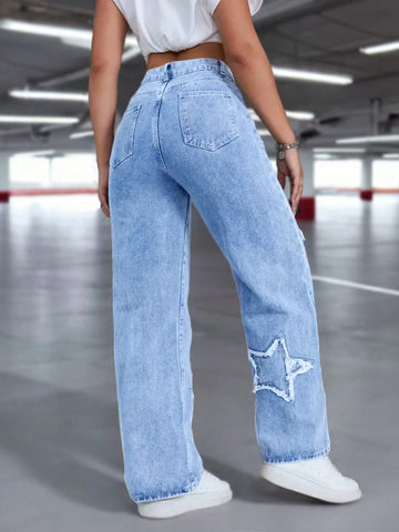 Women Casual Star Embroidered Denim Jeans