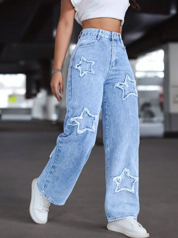 Women Casual Star Embroidered Denim Jeans