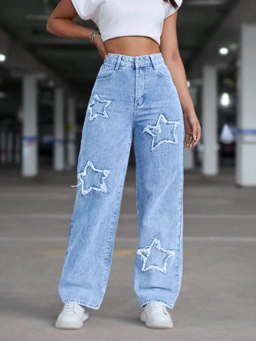 Women Casual Star Embroidered Denim Jeans