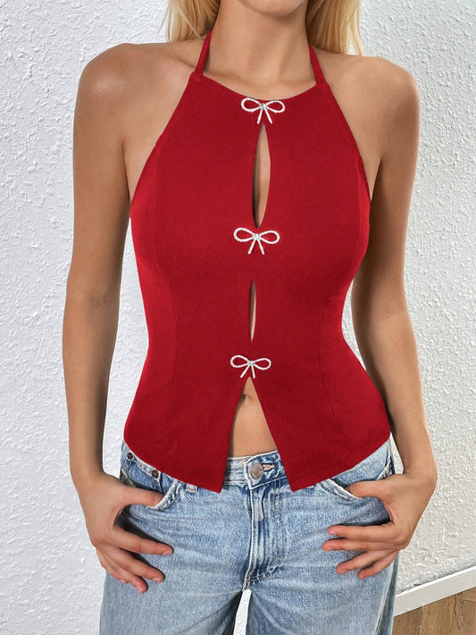 EZwear Women's Casual Solid Color Regular Fit Sleeveless Backless Knitted Tank Top