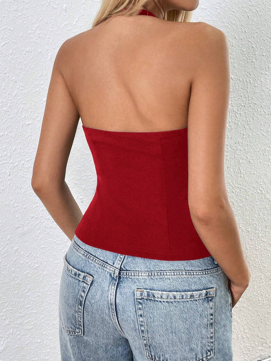 EZwear Women's Casual Solid Color Regular Fit Sleeveless Backless Knitted Tank Top