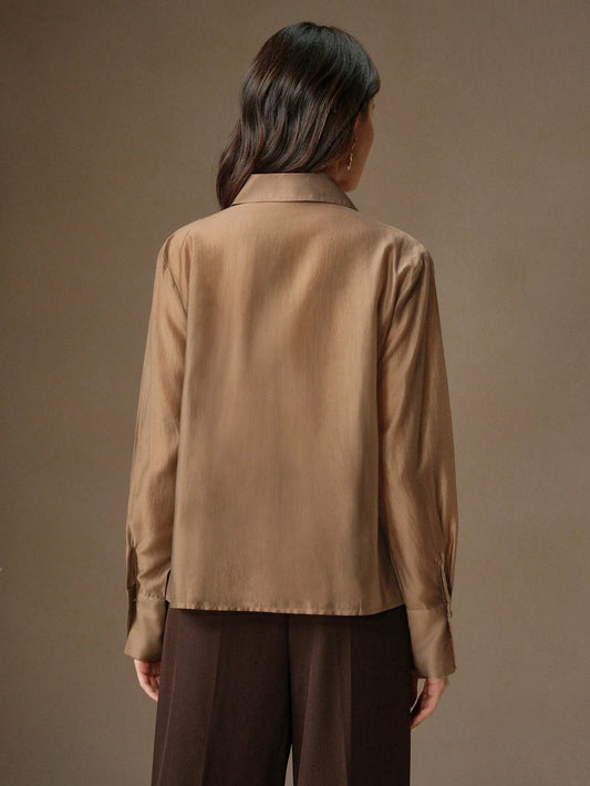 Anewsta Women's Elegant Lace Applique Collage Contrast Collar See-Through Blouse