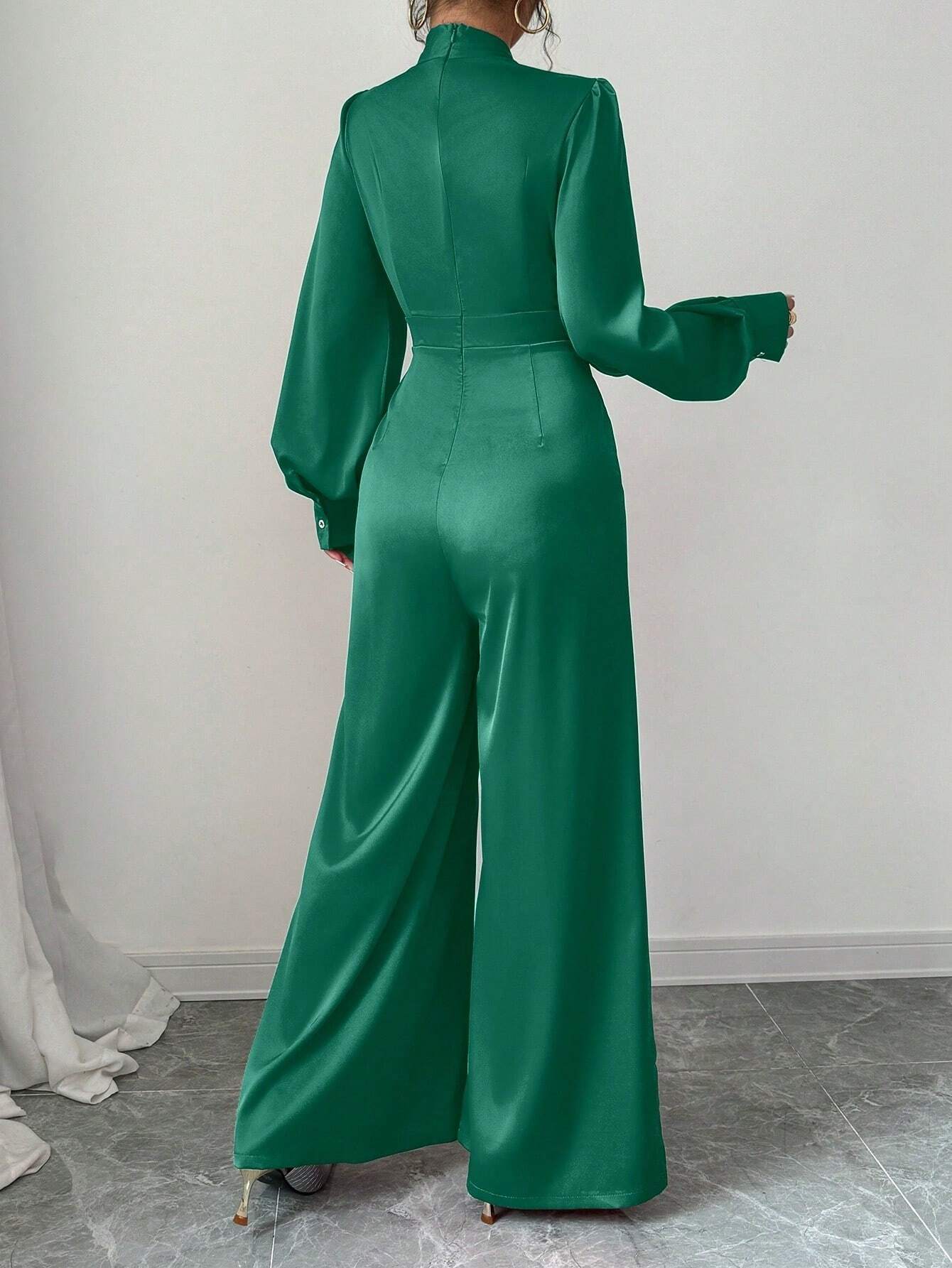 Elenzga Women Elegant Satin Long Sleeve Wide Leg Jumpsuit With Bow-Tie Design