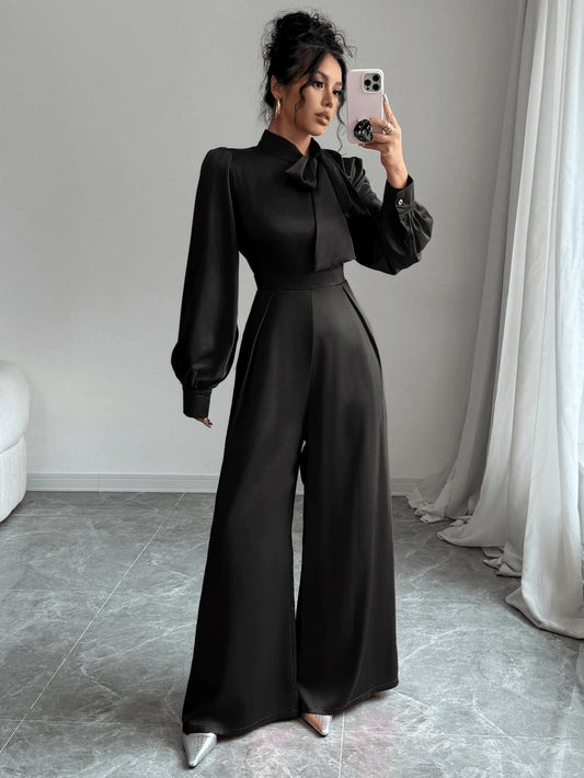 Elenzga Women Elegant Satin Long Sleeve Wide Leg Jumpsuit With Bow-Tie Design