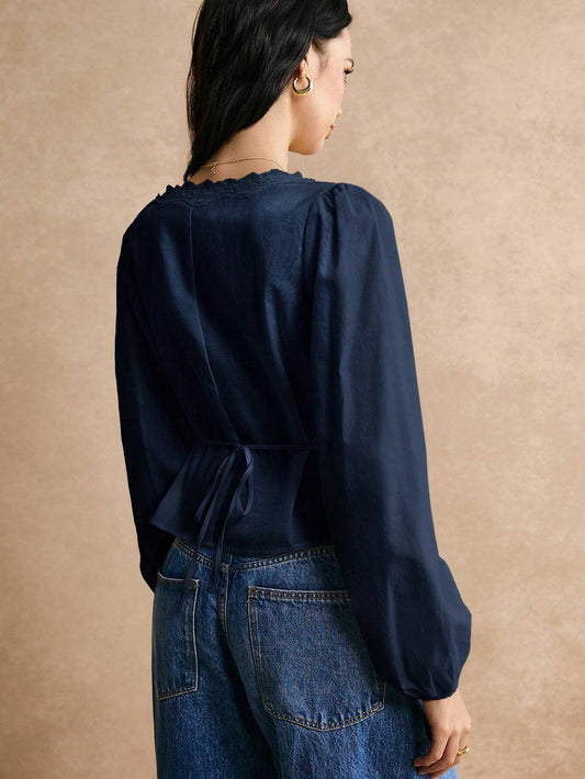 Poéselle Cotton Elegant Lace Trimmed Waist Button Detail Shirt