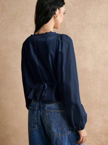 Poéselle Cotton Elegant Lace Trimmed Waist Button Detail Shirt