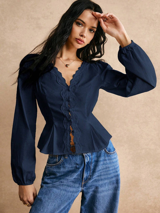 Poéselle Cotton Elegant Lace Trimmed Waist Button Detail Shirt