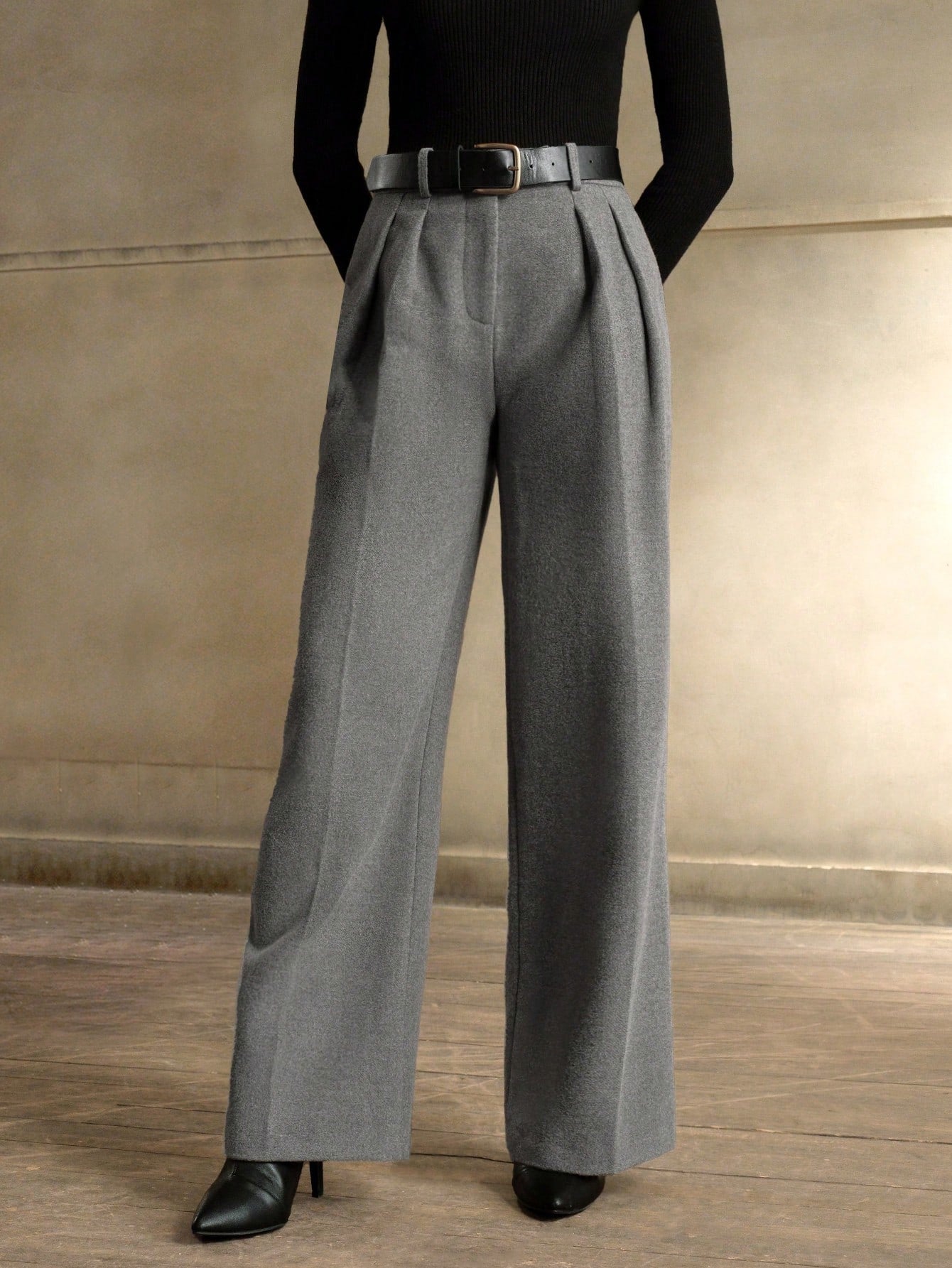 Anewsta High-Waisted Formal Grey Loose Trousers With Belt